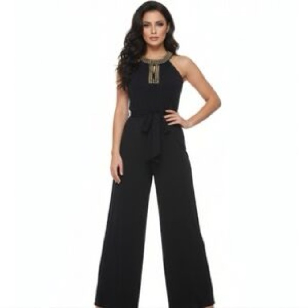 EUC Bisou Bisou Black and Gold Embellished Pantsuit Jumpsuit Size 14